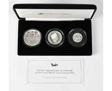 A 2020 silver proof commemorative coin set, 'The 80th Anniversary of Dunkirk', comprising £1, £2 and £5 Alderney, encapsulate