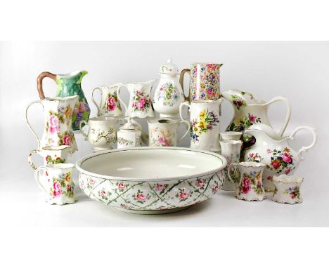 A quantity of floral porcelain, including a Royal Worcester 'Herbs' hors d'oeuvres dish, various decorated wash bowls, a Perr