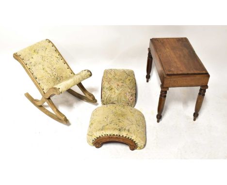 A pair of Victorian walnut footstools of arched form, together with a gout stool and a 19th century mahogany commode with fix