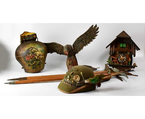 An Alpine collectors' lot, comprising an Italian army Alpine hat with feathers and badges including 'Dolomiti', two ice axes,