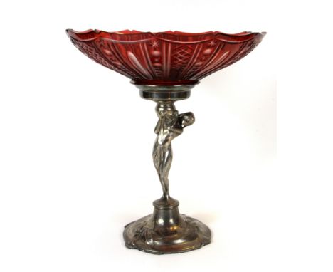 An Art Nouveau metal figural column stamped R&D with a Bohemian cut glass bowl, H. 33cm.