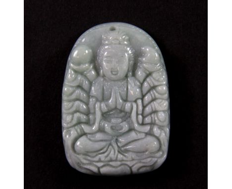 A Chinese carved jade amulet of a multi armed goddess, H. 4.3cm.