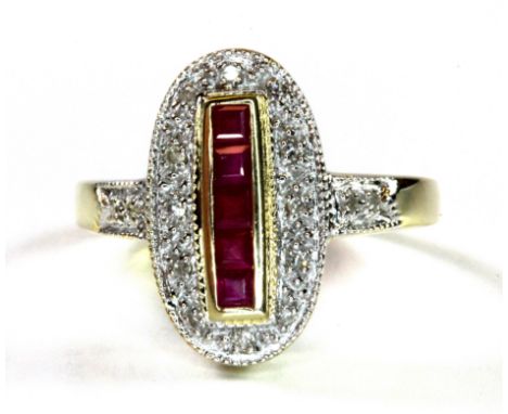 An Art Deco style 9ct yellow gold ruby and diamond set ring, (N.5).