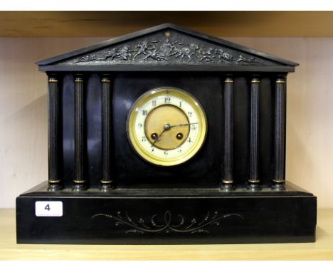 A 19th Century French slate mantle clock by Jappy Freres, W. 43cm H. 31cm.
