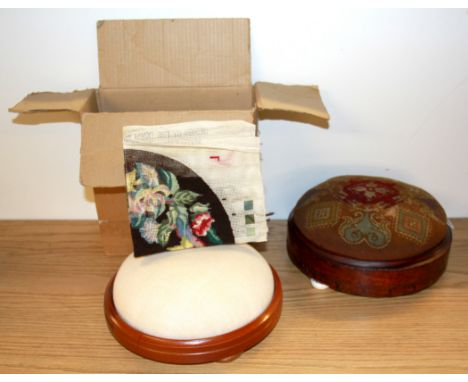 An early 19th Century tapestry covered foot stool and foot stool making kit.