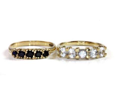 A 9ct yellow gold sapphire set ring together with a 9ct gold stone set ring, (O).