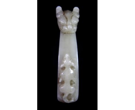 A fine 19th/early 20th Century Chinese carved grey/green jade hair ornament of a dragon, in the shape of a Ruyi, H. 8cm.