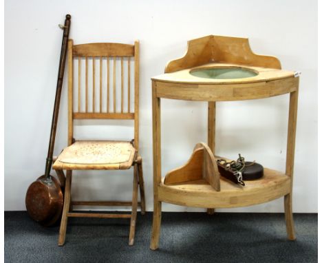 An early pine corner wash stand, pine shelf, folding chair, warming pan and wall mounted gong.