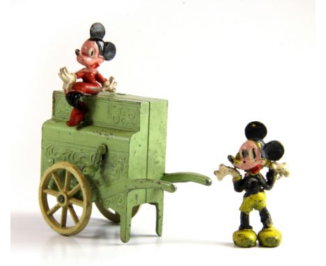 A small early cast metal Disney Mickey and Minnie Mouse barrel organ toy by Charbens/Salco, H. 9cm.