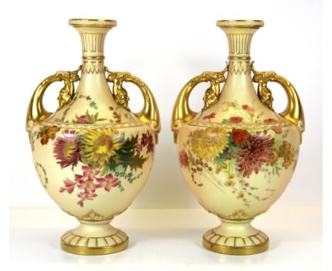 A fine pair of Royal Worcester hand painted blush ivory vases (pattern no. 1683, c.1910), H. 27cm.