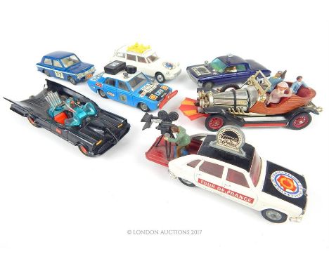 A Corgi Batmobile with Batman driving fugure; a model Chitty Chitty Bang Bang with passengers (except the little girl); a Man
