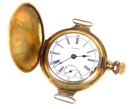 An elegant Cedric 14 ct yellow gold ladies pocket watch, the white enamel dial (small chipped damage to outer edge) with blac
