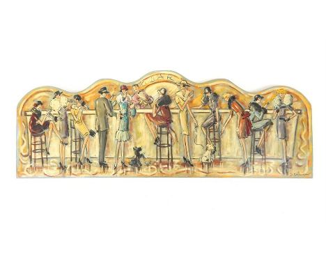 A mid 20th century wood painted shaped hanging panel, decorated with ladies standing at the bar drinking cocktails, signed lo