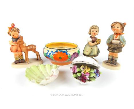 A group of ceramic items including three Goebel figurines, a Clarice Cliff 'Gay day' pattern bowl from the Bizarre range, (da