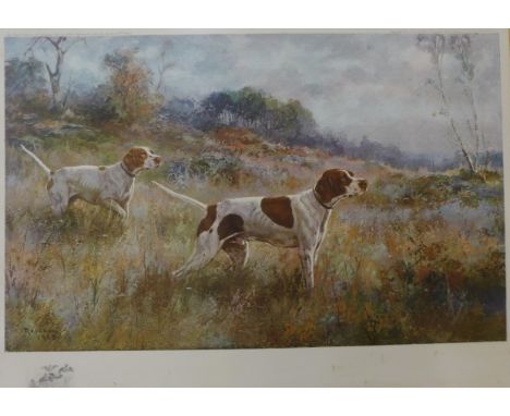 A pair of Rosseau prints of hunting dogs, 41 x 58cms, framed 
