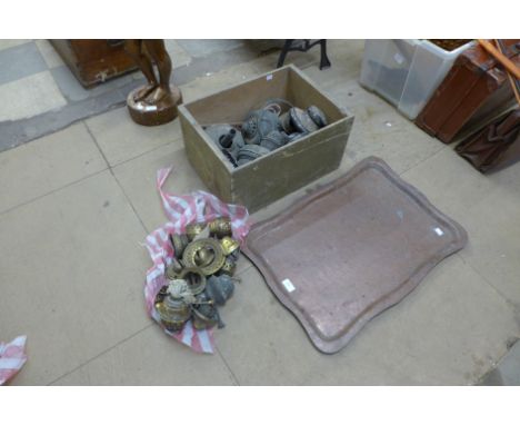 A copper tray and oil lamp parts 