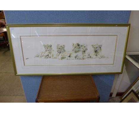 A signed Spencer Hodge limited edition print, tiger cubs, 39 x 121cms, framed 