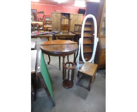 A mahogany demi-lune fold-over card table, an oak drop-leaf occasional table, a beech stick stand, a folding card table and a