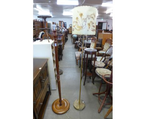 A brass standard lamp and a mahogany standard lamp 