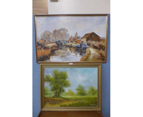 K. Beiber, river landscape, oil on canvas and a canal landscape, oil on board, unsigned, framed 