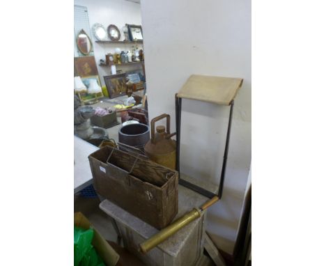 A vintage folding stool, tool box, brass pump and an oil can 