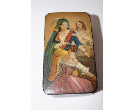 Victorian paper mache snuff box hand painted with ladies 
