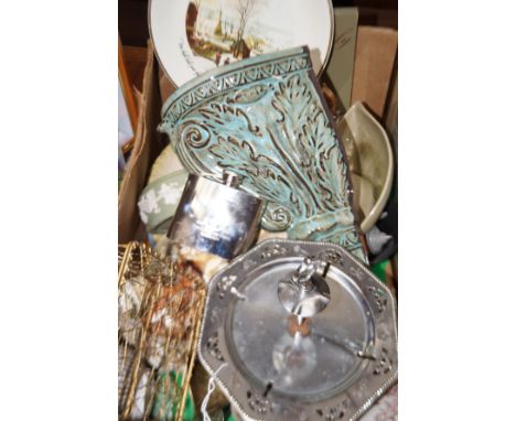 Box of various items to include cake stand, hip flask ect 