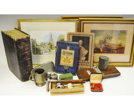 Boxes and objects - a silver cane handle; three silver napkin rings; Coronation clay pipe and another; repress Holy Bible; pr