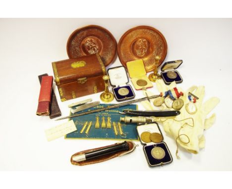 Boxes &amp; Objects - silver sport medals c,1920; a silver plated letter opener in the form of a sword; a Broadhurst Clarkson