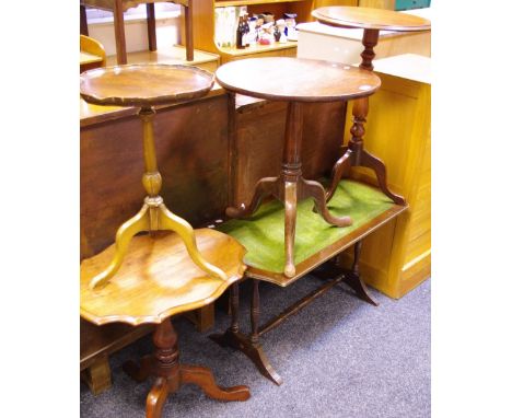 A George III oak tripod occasional wine table; another with later top; later reproduction examples (4) 