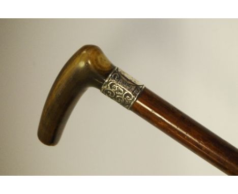 An Edwardian silver mounted malacca walking stick, L-shaped horn handle, London 1902