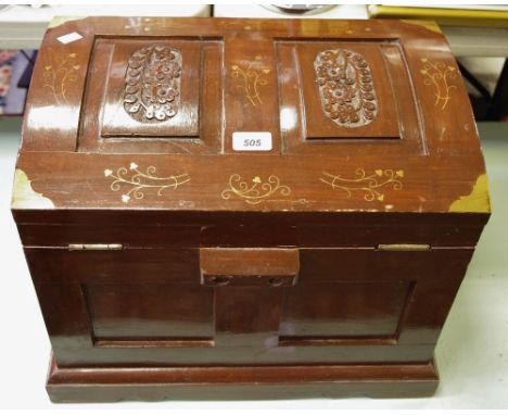 A Middle Eastern carved dome topped trunk, brass inlaid bound corners, lift out tray interior, 49.5cm x 34cm x 38cm