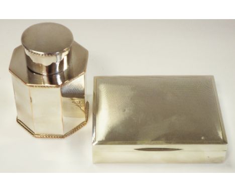 A Walker &amp; Hall silver cigarette box, engine turned, cedar wood lined; silver plated octagonal canister (2)