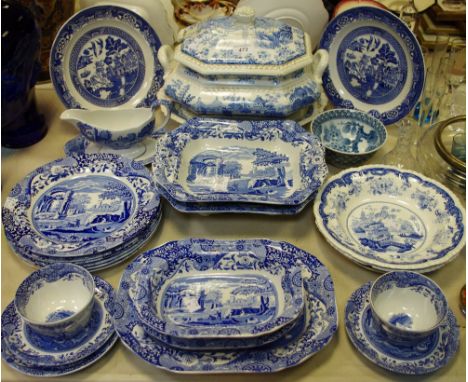 Blue &amp; white - a substantial Chinese Marine Opaque China soup tureen; Spode serving dishes, gravy boat, plates; etc.
