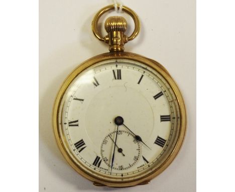 An early 20th century 9ct gold open faced pocket watch, white enamel dial, black Roman numerals, subsidiary second dial, blue