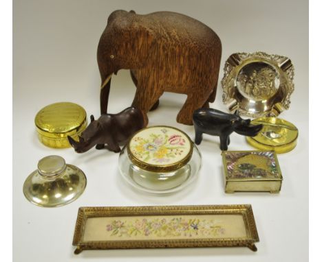 Boxes and objects - a 19th century brass oval snuff box; inkwell; carved stone rhino; wooden elephant, etc