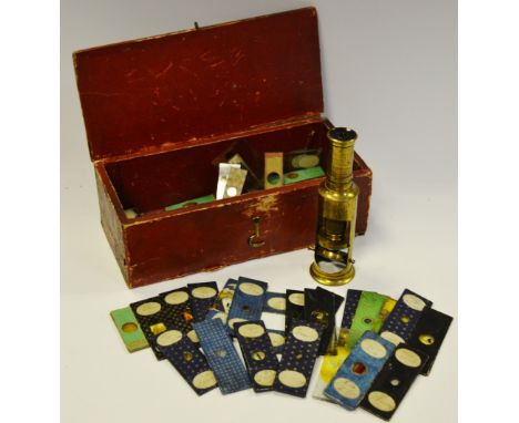 A Victorian barrel microscope; various entomology glass slides entomology  