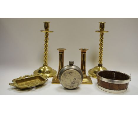 A pair of George III brass ejector candlesticks, c.1810; a pair of brass barley twist candlesticks; a cast dish; a fisherman'