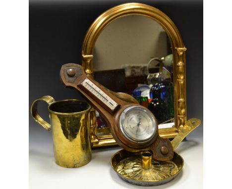 A contemporary gilt framed mirror; an oak framed wheel barometer of small proportions c1930; a substantial brass measure; a 1