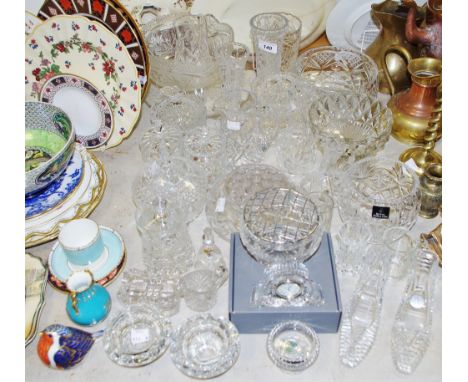 Glassware - a Waterford crystal glass clock;  a fruit bowl, others, Vases, oil bottle, jug, trinket bowl and cover, glass sho