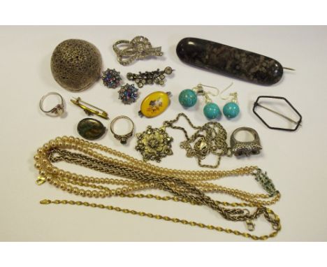 A large silver coloured metal mounted polished fossil brooch; another, agate; a novelty ring, as an owl; turquoise earrings; 
