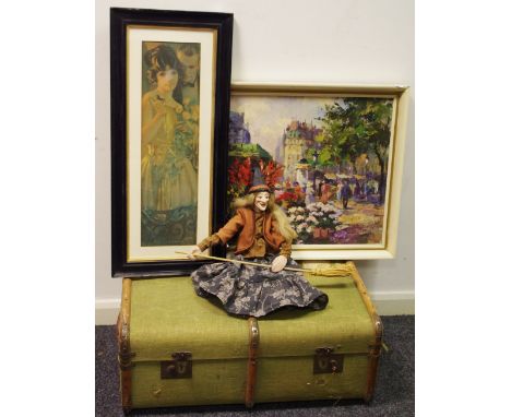 An early 20th century travel trunk, wooden runners (with keys); puppet; original oil and advertisement (4)