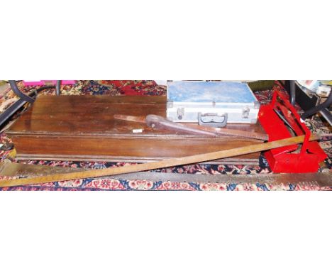 Tools - large stained pine toolbox; two handled cross cut saw; square edge tractor spanners;tool boxes; etc,qty