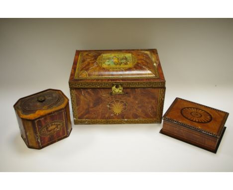Terry's York - an Edwardian novelty confectionary tin. in the form of a George III burr yew work box, hinged domed cover prin