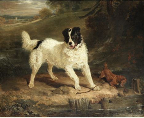 Sir Edwin Henry Landseer, RA (British, 1802-1873)Newfoundland dog and Terrier at a stream  signed with initials and dated 'EL