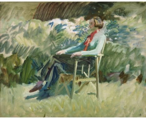 Sir Alfred James Munnings, PRA, RWS (British, 1878-1959)Buzzie Finch in Munnings's garden at 'Hamiltons', Withypool, Somerset