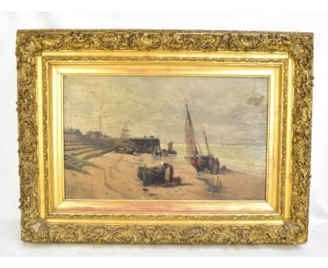 MAZZOTTA; oil on canvas, coastal landscape with figures preparing boats, signed, 40 x 65cm, in period gilt frame. Although cl