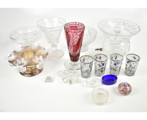 A mixed lot of assorted cut glassware to include a Warbridge pedestal bowl, trumpet vase, whisky decanter on stand (af), a ru