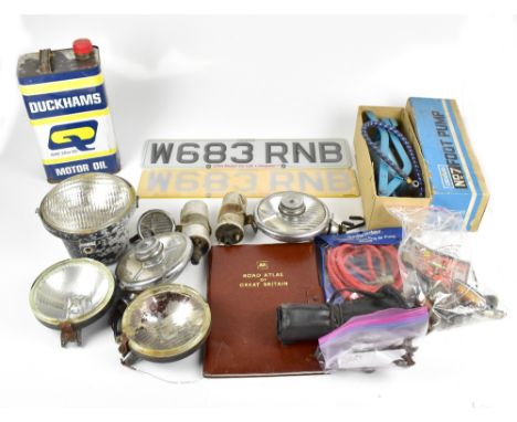 A collection of automobilia including six headlamps (two af), spanners and various tools and components, Desmo No.7 foot pump