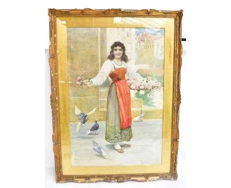 GEORGE BROWN; watercolour, portrait of a Venetian street flower vendor with pigeons to foreground and canal to background, si